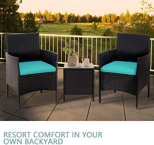 Cemeon 3-Piece Patio Bistro Set Outdoor Conversation Set, Black Wicker Porch Chairs Set Garden Furniture with Coffee Table (Blue Cushion)