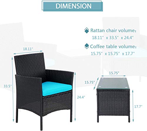 Cemeon 3-Piece Patio Bistro Set Outdoor Conversation Set, Black Wicker Porch Chairs Set Garden Furniture with Coffee Table (Blue Cushion)