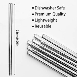 Stainless Steel Chopsticks Reusable Multicolor Lightweight 304 Metal Chopsticks Dishwasher Safe - 5 Pairs (Silver)