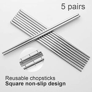 Stainless Steel Chopsticks Reusable Multicolor Lightweight 304 Metal Chopsticks Dishwasher Safe - 5 Pairs (Silver)