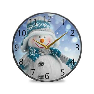 kll acrylic 12 inch round modern home wall clock,kitchen office and living room wall decor battery operated clock, christmas snowman in the