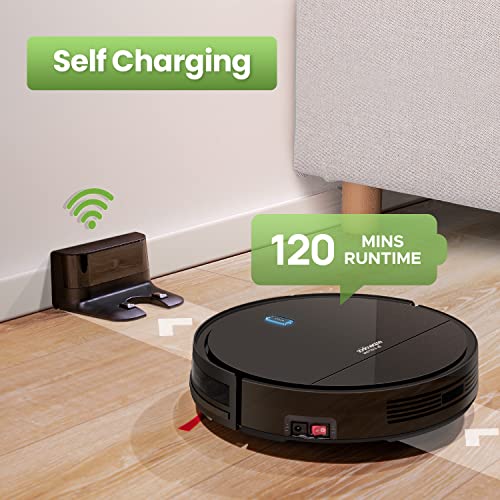 Enther Robot Vacuum Cleaner, Robotic Vacuum Cleaner with Gyro Navigation, 2600mAh, 120mins Run Time, Super-Thin, 6 Clean Modes, Self-Charging for Pet Hair Hard Floors, Carpet, Black