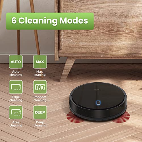 Enther Robot Vacuum Cleaner, Robotic Vacuum Cleaner with Gyro Navigation, 2600mAh, 120mins Run Time, Super-Thin, 6 Clean Modes, Self-Charging for Pet Hair Hard Floors, Carpet, Black