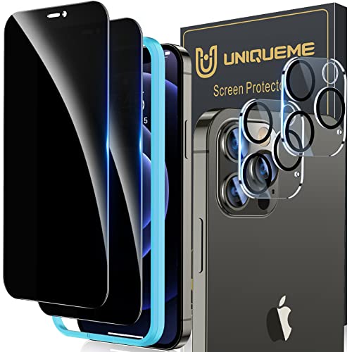 UniqueMe [2+2 Pack] Compatible with iPhone 12 Pro Max 6.7-inch Privacy Screen Protector Tempered Glass and Camera lens Protector, Anti Spy [Easy Installation Frame] [Precise Cutout] Bubble Free