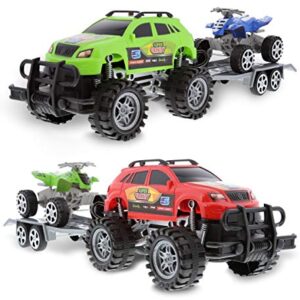 Mozlly Friction Powered Monster Trucks Car Toy SUV Towing ATV Toys Set of 2 - Monster Truck with Trailer ATV Toys for Fun Playtime Indoor or Outdoor - 2 Pack