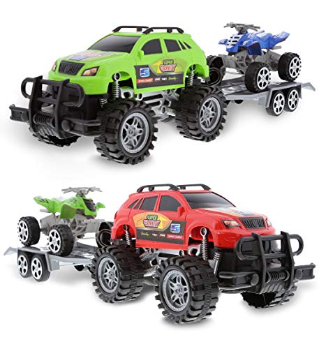 Mozlly Friction Powered Monster Trucks Car Toy SUV Towing ATV Toys Set of 2 - Monster Truck with Trailer ATV Toys for Fun Playtime Indoor or Outdoor - 2 Pack