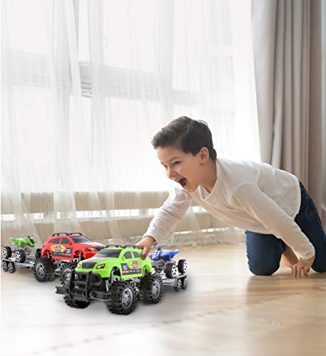 Mozlly Friction Powered Monster Trucks Car Toy SUV Towing ATV Toys Set of 2 - Monster Truck with Trailer ATV Toys for Fun Playtime Indoor or Outdoor - 2 Pack