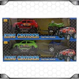 Mozlly Friction Powered Monster Trucks Car Toy SUV Towing ATV Toys Set of 2 - Monster Truck with Trailer ATV Toys for Fun Playtime Indoor or Outdoor - 2 Pack