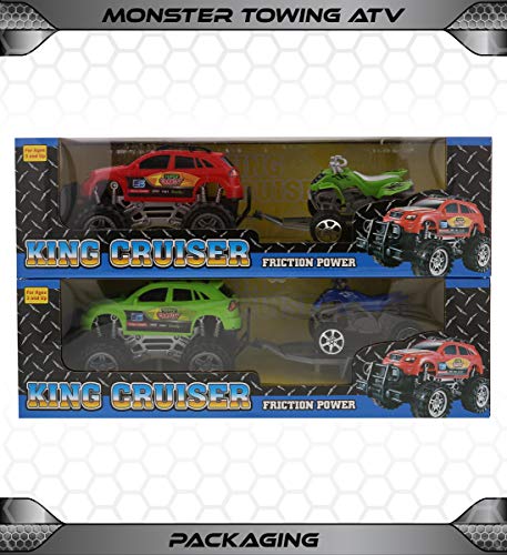 Mozlly Friction Powered Monster Trucks Car Toy SUV Towing ATV Toys Set of 2 - Monster Truck with Trailer ATV Toys for Fun Playtime Indoor or Outdoor - 2 Pack