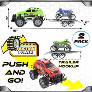 Mozlly Friction Powered Monster Trucks Car Toy SUV Towing ATV Toys Set of 2 - Monster Truck with Trailer ATV Toys for Fun Playtime Indoor or Outdoor - 2 Pack