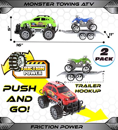 Mozlly Friction Powered Monster Trucks Car Toy SUV Towing ATV Toys Set of 2 - Monster Truck with Trailer ATV Toys for Fun Playtime Indoor or Outdoor - 2 Pack