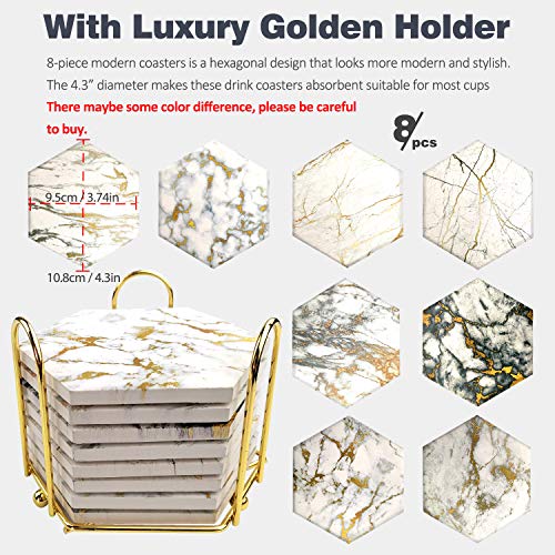 8 Pcs Drink Coasters with Metal Holder Stand, Marble Design Ceramic Coaster Set, Cork Base, for Tabletop Protection, Home Decor, Bar Coasters (Golden)