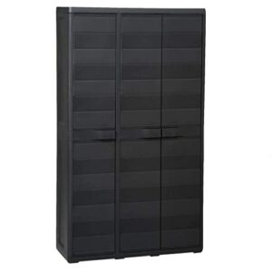 outdoor storage shed storage cabinet lockable with 3 doors 4 adjustable shelves bottom drain slots, 97 x 38 x 171 cm pp black