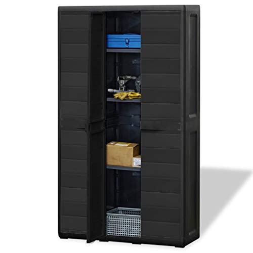 Outdoor Storage Shed Storage Cabinet Lockable with 3 Doors 4 Adjustable Shelves Bottom Drain Slots, 97 x 38 x 171 cm PP Black