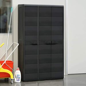 Outdoor Storage Shed Storage Cabinet Lockable with 3 Doors 4 Adjustable Shelves Bottom Drain Slots, 97 x 38 x 171 cm PP Black