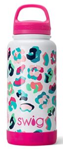 swig life 30oz triple insulated stainless steel wide mouth water bottle with handle, dishwasher safe, double wall, vacuum sealed, reusable thermos party animal print