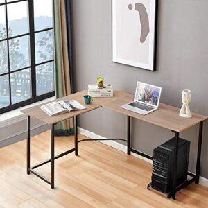 vecelo computer desk l shaped with cpu stand/pc laptop study writing table workstation for home office wood & metal,oak,66"