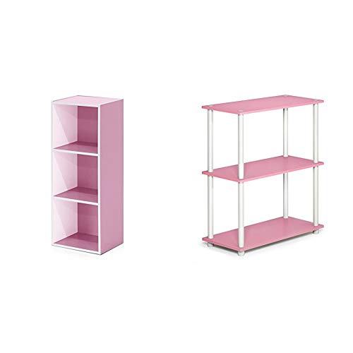 Furinno 3-Tier Open Shelf Bookcase, White/Pink 11003WH/PI & Turn-N-Tube 3-Tier Compact Multipurpose Shelf Display Rack, Pink/White