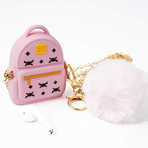 AirPods Case Cute with Keychain Metal Strap & Fur Ball, pordsioc Silicone 3D Backpack Airpods 1 & 2 Cover Earphone Covers Cartoon Airpod Protective Case for Girls and Women (Pink)