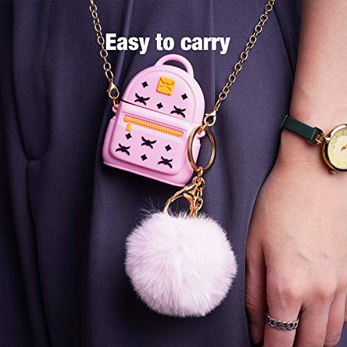 AirPods Case Cute with Keychain Metal Strap & Fur Ball, pordsioc Silicone 3D Backpack Airpods 1 & 2 Cover Earphone Covers Cartoon Airpod Protective Case for Girls and Women (Pink)