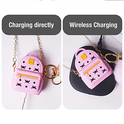 AirPods Case Cute with Keychain Metal Strap & Fur Ball, pordsioc Silicone 3D Backpack Airpods 1 & 2 Cover Earphone Covers Cartoon Airpod Protective Case for Girls and Women (Pink)