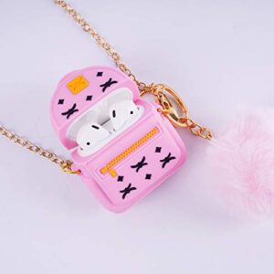 AirPods Case Cute with Keychain Metal Strap & Fur Ball, pordsioc Silicone 3D Backpack Airpods 1 & 2 Cover Earphone Covers Cartoon Airpod Protective Case for Girls and Women (Pink)