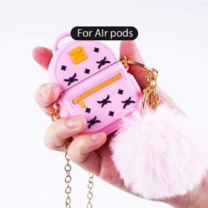 AirPods Case Cute with Keychain Metal Strap & Fur Ball, pordsioc Silicone 3D Backpack Airpods 1 & 2 Cover Earphone Covers Cartoon Airpod Protective Case for Girls and Women (Pink)