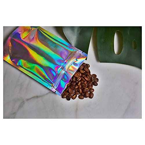 Self-Standing Mylar Bags for Food Storage: Resealable Set of 50 Easy Slide Open and Smell Proof Holographic Bags | 4x6 Inch Food-Grade & Reusable Plastic Stash Bag | Small Bags with Lay Flat Designs