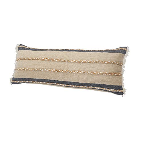 LR Home Atlantis Blue Lumbar Jute Braiding and Fringe Throw Pillow, 1 Count (Pack of 1), Denim/Tan/Taupe