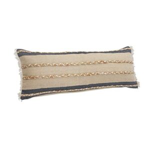 LR Home Atlantis Blue Lumbar Jute Braiding and Fringe Throw Pillow, 1 Count (Pack of 1), Denim/Tan/Taupe