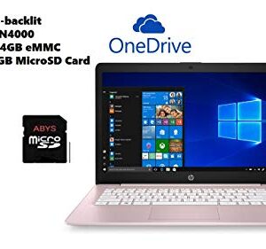 HP Stream 14" HD WLED-backlit Laptop, Intel Celeron N4000, 4GB DDR4, 64GB eMMC, WiFi, Bluetooth, Webcam, HDMI, Windows 10 S, Microsoft Office 365 and 1TB OneDrive Cloud Storage, 64GB ABYS MicroSD Card