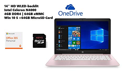 HP Stream 14" HD WLED-backlit Laptop, Intel Celeron N4000, 4GB DDR4, 64GB eMMC, WiFi, Bluetooth, Webcam, HDMI, Windows 10 S, Microsoft Office 365 and 1TB OneDrive Cloud Storage, 64GB ABYS MicroSD Card