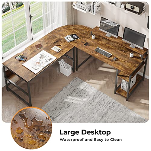 SEDETA L Shaped Desk, 68.9 inches Corner Computer Desk with Monitor Stand Riser, Drafting Drawing Table with Tiltable Desktop, Workstation Study Writing Table Art Desk for Home Office, Rustic Brown