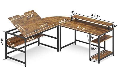 SEDETA L Shaped Desk, 68.9 inches Corner Computer Desk with Monitor Stand Riser, Drafting Drawing Table with Tiltable Desktop, Workstation Study Writing Table Art Desk for Home Office, Rustic Brown