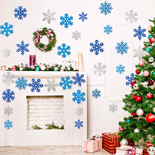 Whaline Snowflake Cut-Outs 48Pcs Glitter Blue Silver Snowflake Cutouts Double-Sided Holiday Cut-Outs with Glue Point for Winter Christmas Wonderland Frozen Party Home Decoration, Assorted Size
