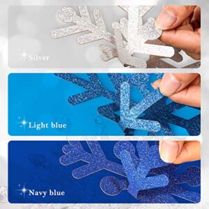 Whaline Snowflake Cut-Outs 48Pcs Glitter Blue Silver Snowflake Cutouts Double-Sided Holiday Cut-Outs with Glue Point for Winter Christmas Wonderland Frozen Party Home Decoration, Assorted Size