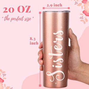 Sister Gifts from Sisters, Insulated Stainless Steel Tumblers with Lids and Straws, For Birthday/Christmas, "Side by Side or Miles Apart, Sisters are Always Connected by Hearts"(20 oz) Rose gold
