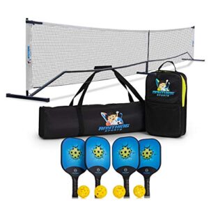 3 in 1 pickleball net, 4 carbon fiber paddles and 4 balls. complete regulation size portable pickleball net bundle set for outdoors or indoors. with 4 usapa approved carbon fiber paddles and 4 balls