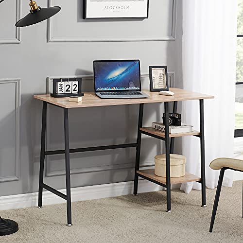 VECELO 43 Inch Writing Computer Desk, Home Office Study Tables with 2 Tier Storage Shelves eiton Left or Right Side, Simple Industrial Style with Adjustable Feet and Water Proof Surface, Oak, 43"