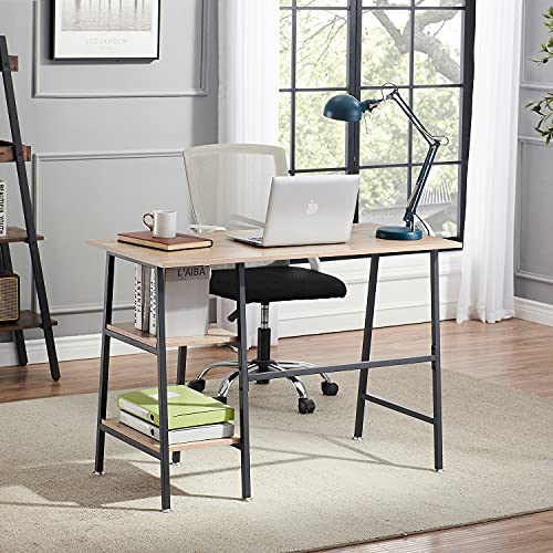 VECELO 43 Inch Writing Computer Desk, Home Office Study Tables with 2 Tier Storage Shelves eiton Left or Right Side, Simple Industrial Style with Adjustable Feet and Water Proof Surface, Oak, 43"