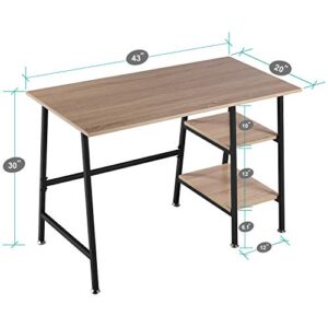 VECELO 43 Inch Writing Computer Desk, Home Office Study Tables with 2 Tier Storage Shelves eiton Left or Right Side, Simple Industrial Style with Adjustable Feet and Water Proof Surface, Oak, 43"