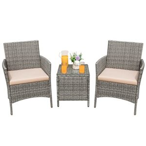greesum 3 pieces patio furniture pe rattan wicker chair conversation set, gray and beige