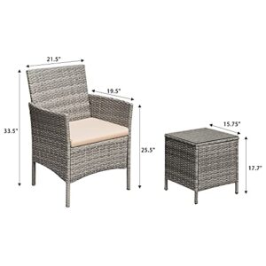 Greesum 3 Pieces Patio Furniture PE Rattan Wicker Chair Conversation Set, Gray and Beige