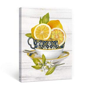 sumgar lemon wall art farmhouse yellow kitchen wall decor fruit summer paintings lemon tea cup with flower pictures artwork living room dining room pantry 12 x 16 in