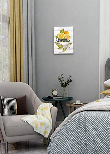 SUMGAR Lemon Wall Art Farmhouse Yellow Kitchen Wall Decor Fruit Summer Paintings Lemon Tea Cup with Flower Pictures Artwork Living Room Dining Room Pantry 12 x 16 in