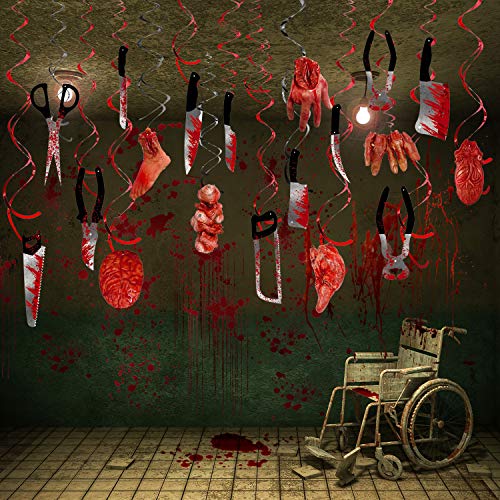 Scary Halloween Decorations Blood Weapon Hanging Swirl , Fake Scary Broken Blood Hands and Feet Broken Body Parts Foil Swirl for Haunted House Halloween Vampire Zombie Party Supplies, 30 Count