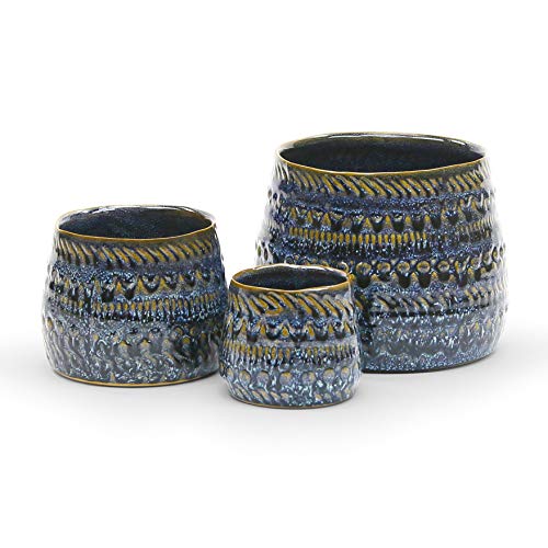 WGV Ceramic Vase, 3.5"x3"H, 4.75"x3.75"H, 6.7"x5.1"H, Dark Blue Kano Pot, Textured Antique Pattern Planter Dome for Wedding Event Office Home Decor, Set of 3 Vases