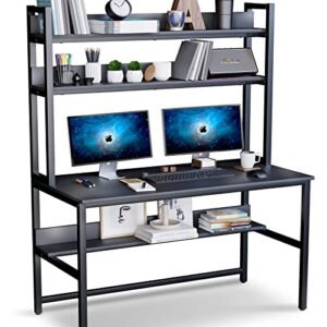 aquzee computer desk with hutch and bookshelf, 47 inches black home office desk with space saving design, metal legs table desk with upper storage shelves for study writing/workstation, easy assemble