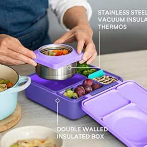 OmieBox Deluxe Bundle Set - Insulated Bento Lunch Box With Thermos PLUS Reusable Fork and Spoon with Case - (Purple)