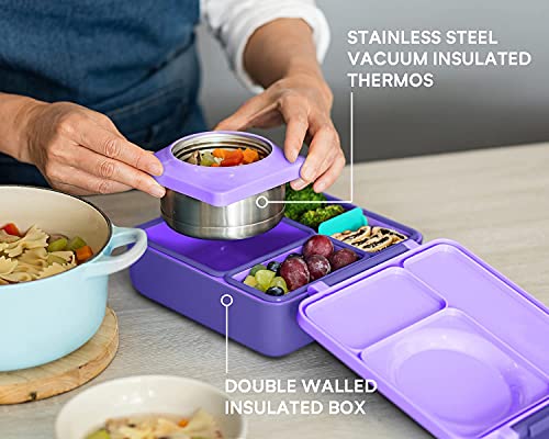 OmieBox Deluxe Bundle Set - Insulated Bento Lunch Box With Thermos PLUS Reusable Fork and Spoon with Case - (Purple)